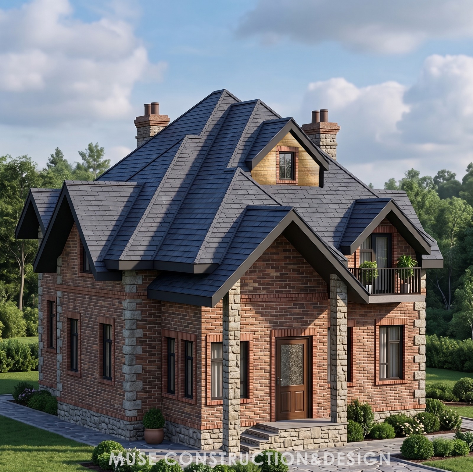 3D render of the same residence in brick and stone