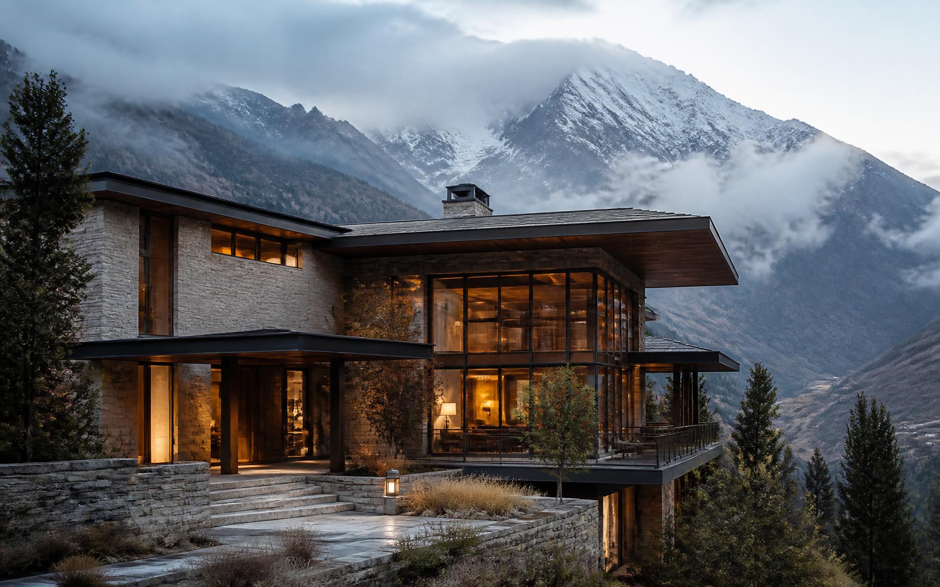 Contemporary stone and timber residence at dusk in a Kashmir valley, designed by Muse Design & Construction